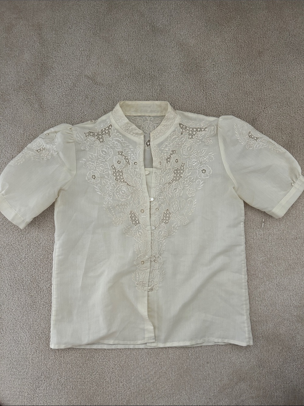 Vintage Ivory Embroidered Short-Sleeve Blouse